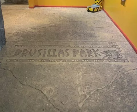 Pattern imprinted concrete with Drusillas Park logo by PICS, specialists in decorative concrete supplies.