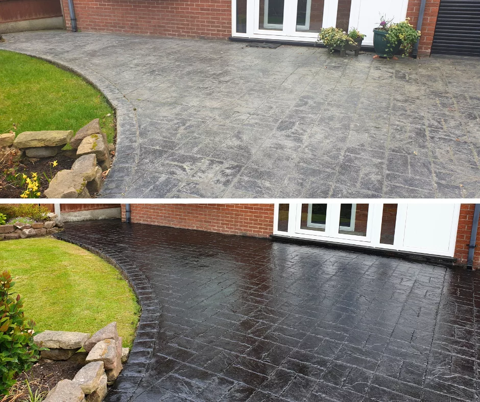 Pattern imprinted concrete driveway before and after restoration by PICS.