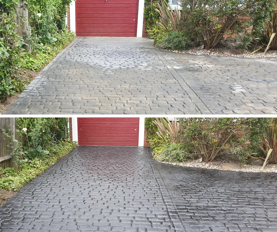 Pattern imprinted concrete driveway by PICS, before and after refurbishment.