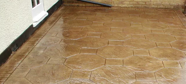 Pattern imprinted concrete patio by PICS, quality supplies for decorative paving solutions.